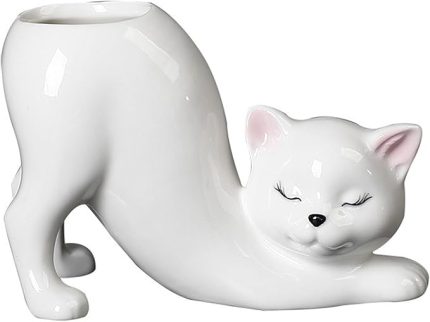 Kedi Seramik Saksı, Kedi Ekici Hayvan Etli Saksılar, Seramik Kedi Şekli Ekici Saksı, Ev Ofis Masası Dekor için Dekoratif Seramik Çiçek Ekici Pot(Beyaz)