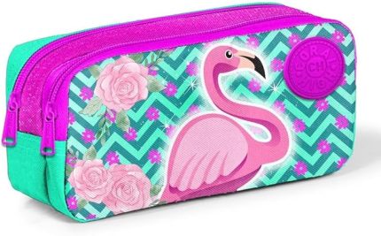 High Kids Su Yeşili Pembe Simli Suni Derili Flamingolu Iki Bölmeli Kalem Çantası 22290