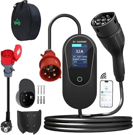 22KW EV Şarj Cihazı, 32A 3-Fazlı Taşınabilir Tip 2 Elektrikli Araç Şarj İstasyonu, 5M Kablo, 5PIN CEE Fişi, Duvar Braketi, 16A Adaptör ve El Çantası, Ev Kullanımı için APP Kontrolü (Siyah)