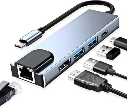 5İN1 Type-C, USB-C HDMI Hub ve RJ45 LAN Ethernet Adaptörü: 4K (1080p) HDMI, 2 x USB 3.0 ve Type-C USB Port Çoklayıcı Çevirici