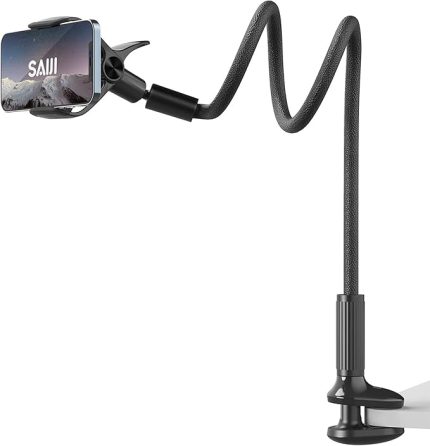 SAIJI IVY-95 Akrobat Esnek Telefon Tutucu, Uzunluğu 38.6” Esnek Deri Sarmalı Kol Havai Cep Telefonu Montaj Standı, 360° Ayarlanabilir Kelepçe Klipsli, Tüm 4-7” iPhone, Samsung ve Tüm Cep Telefonlarıyla Uyumlu Siyah