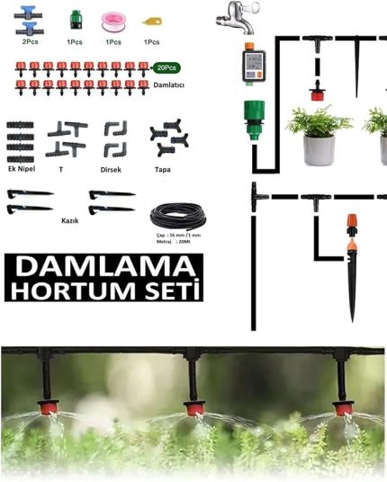 Damlama Sulama Hortum Seti 20Mt Hortum Boru Nozul Ve Boru Bağlantı Aparatları Fidan Bitki Bahçe