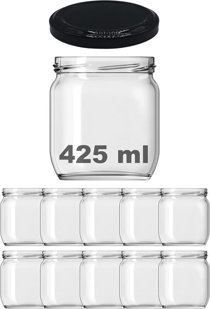 425 ml Metal Siyah Kapaklı Şeffaf Cam Kavanoz 10 Adet