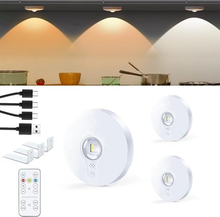 Dolap aydınlatması, vitrin aydınlatması, LED USB ile şarj edilebilir, tezgah altı lambası, dokunmatik ve uzaktan kumandalı, 3 renk sıcaklığı kısılabilir, LED spot pil, 3'lü paket