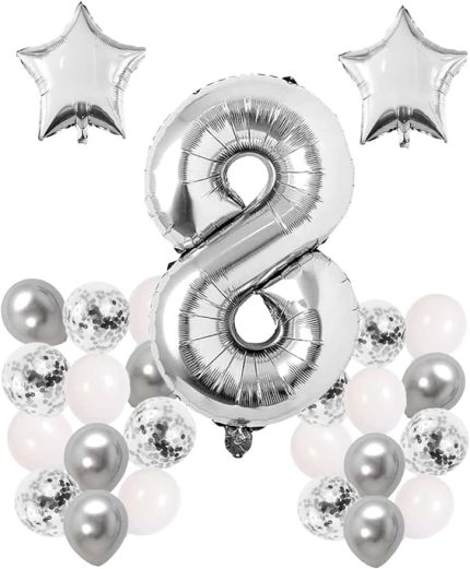 Konsept 8 Yaş Doğum Günü Kutlama Seti; Beyaz Gümüş Konfetili Balon, Rakam Yıldız Folyo