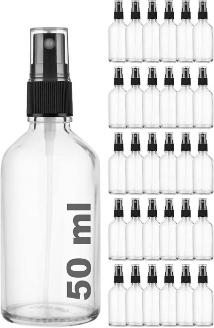 Şeffaf 50 ml Plastik Kapaklı Siyah Sprey Fısfıs Kolonya Dezenfektan Cam Şişe 30 Adet