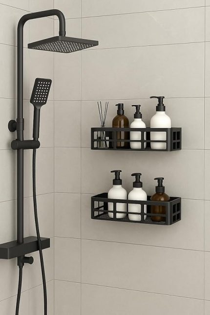 Duş Rafı – 2 Adet Paslanmaz Banyo Şampuanlık Organizer | Delmeden Montaj | Geniş Kapasiteli Duş Organizeri | Siyah Plastik Raf – Banyo Mutfak Uyumlu