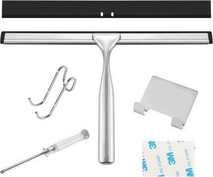 Duş çekçeki, 25,5 cm, paslanmaz çelik, duş sileceği, 2 farklı duvar askısı, 2 silikon silme dudaklı pencere kazıyıcı, banyo, mutfak, pencere ve araba camı için