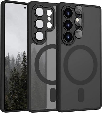 Samsung için Kılıf Kamera Korumalı Mag-safe Wireless Şarj Özellikli Mat Şeffaf Renkli Kılıf (Siyah, Galaxy S25 Ultra)