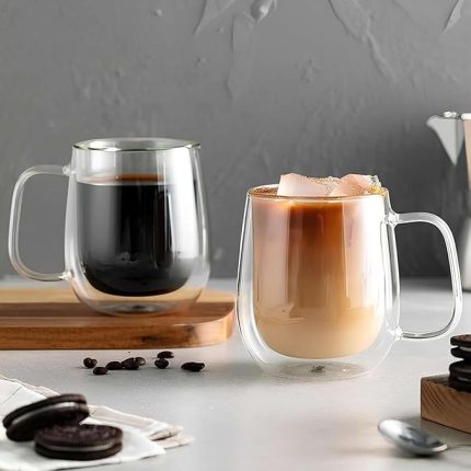 Çift Camlı Çift Cidarlı Cam Kupa - Ev Ofis Fincanı, Isı Yalıtımlı Kulplu Bardak (2 Adet Helsinki 250 ml)