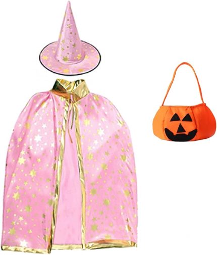 Çocuk cadı mantosu, şapkalı sihirbaz pelerini, sihirli manto, cadılar bayramı kostümü, cadılar bayramı kostümlü oyun, karnaval faşing parti kıyafetleri
