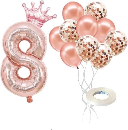 Rakam Rose Gold Folyo Balon, Kral Tacı Ve Konfetili Rose Gold Balon
