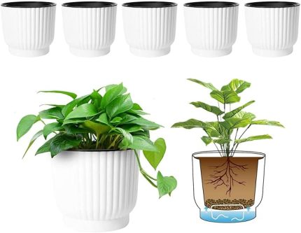 Plastik Kendinden Sulamalı Saksı, Uzun Süreli Su Depolama Bitki Saksısı/Makaron Renkli Saksılar Dış Mekan İç Mekan Bahçe Bahçe Ev Dekorasyonu, Büyük Boy - 6'lı Set, Beyaz