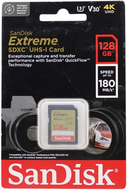 Extreme SDXC UHS-I hafıza kartı 128 GB (V30, 180 MB/s aktarım, U3, 4K UHD videolar, SanDisk QuickFlow teknolojisi, su geçirmez, darbeye dayanıklı, ısıya dayanıklı)