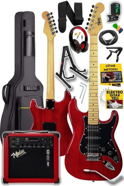 RPH-40RD-25AMP 25W Şarjlı BT Amfili Elektro Gitar Seti HSH Manyetik Maple Klavye