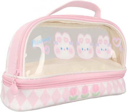 Sevimli Tavşan Kalem Kutusu Kawaii Çocuklar için Kalem Kutusu Tavşan Desen Çift Katmanlı Su Geçirmez Şeffaf Kawaii Kalem Kutusu Pembe Kozmetik Çantası Taşınabilir
