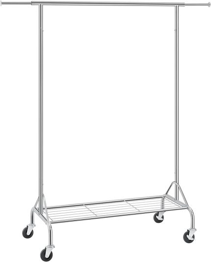 Metal Elbise Askısı, Ayakkabı Raflı, Tekerlekli, Ağır Yükler Taşıyabilir, 50 Kg Taşıma Kapasiteli, Uzunluk 110,5-150,5 cm, Krom Kaplama Hsr02S