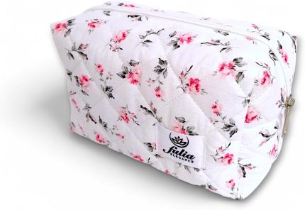 Çantası | Makeup Bag | Kapitone Bakım Seyahat Kozmetik Çantası (Beyaz-Pembe)