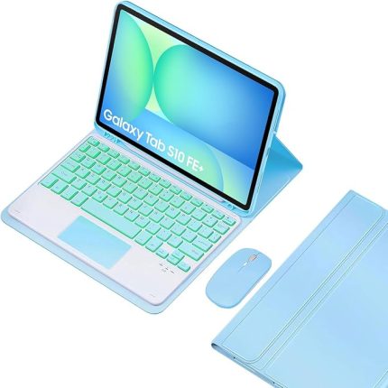 Samsung Galaxy Tab S10 FE+ Plus 13,1 inç 2025 Model (SM-X620/X626), 7 Renkli Aydınlatma, Çıkarılabilir Bluetooth Almanca QWERTZ Klavye, Kalem Tutucu ve Fareli, Mavi