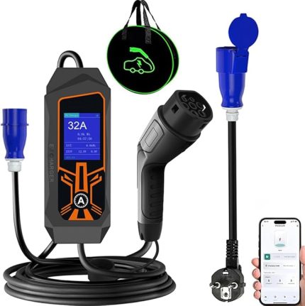 Elektrikli Araç Şarj Cihazı Tip 2 ila 3pin CEE Fişi, 7KW 5M EV Şarj Kablosu, AC 250V 8-32A Ayarlanabilir Akım, APP kontrolü ile Wifi ve Bluetooth Desteği,Siyah +16A AB Kablo Adaptörü