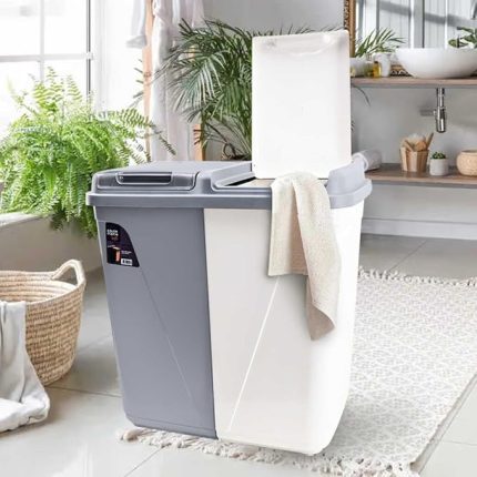 Plastik Violet 90 Litre Çift Gözlü Çamaşır Sepeti Gri-Beyaz
