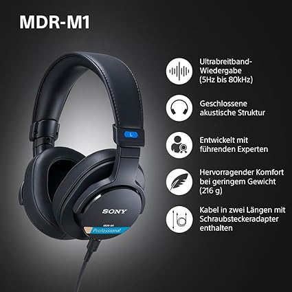 MDR-M1 Studio Kapalı Arka Kulaklık - Kablolu, Ultra Geniş Bant Oynatma (5Hz-80kHz), Stüdyo Kaydı ve Karıştırma için İdeal, Hafif Tasarım (216g), 2 Çıkarılabilir Kablo içerir, Siyah - Görsel 2