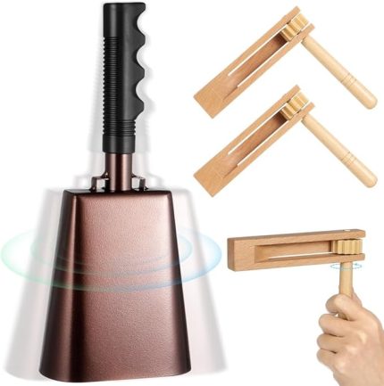 Metal Cowbell & Ahşap İplik Cırcır Çıngırak Seti, Düğünler, Spor ve Kutlamalar İçin 3 Parça Set