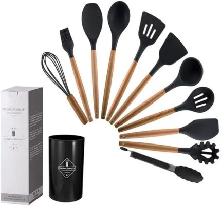 Spatula Mutfak Gereçleri Seti, 12 Parça, Ahşap Saplı, Siyah Kaşıklık Hediyeli
