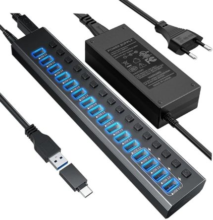 Profesyonel USB Hub 16 Portlu USB 3.0 Type-C 5Gbps Hızlı Şarj Bireysel Açma Kapama Anahtarları 12V DC 7.5A Güç Adaptörü Telefon Şarj Dizüstü Bilgisayar Mobil HDD Flash Sürücü Port16