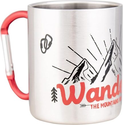Paslanmaz çelik kupa Wanderlust 280 ml, karabina kanca saplı, kırılmaz, kamp fincanı, gümüş, beyaz