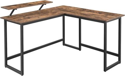 Masası, Mönitör Yükselticili, L Şekilli Ofis Masası, Oyun Masası, Metal, Vintage Kahverengi-Siyah LWD56X