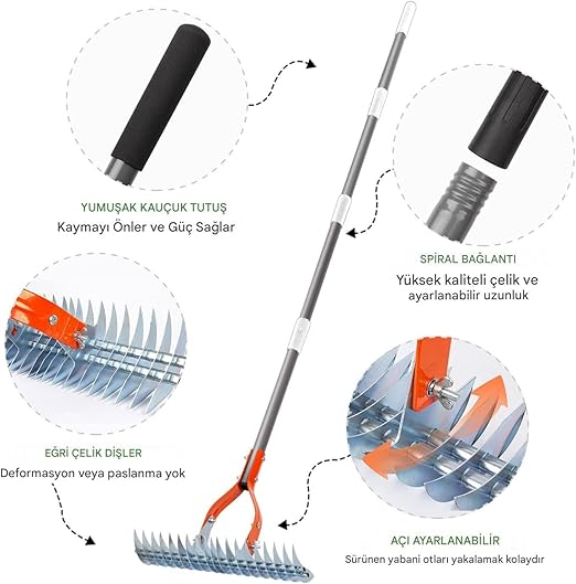 saza tırmık, bahçe bahçe tırmık | Ayarlanabilir uzun saplı kültivatör bahçe el tırmığı | Tiller kültivatör, ayıklama, gevşeme, havalandırma, presleme için taşınabilir ergonomik bahçe - Görsel 4