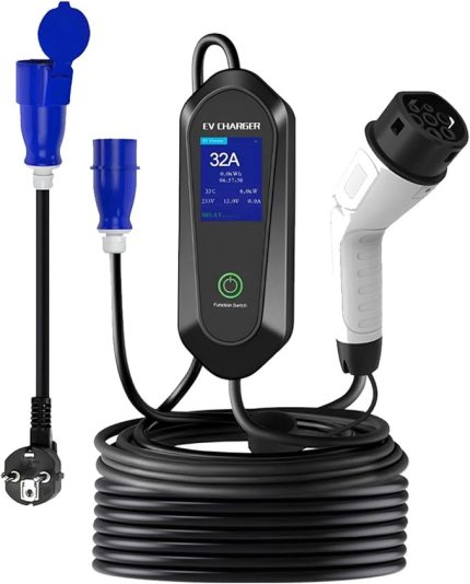 Elektrikli Araç Şarj Cihazı 7KW Tip 2, 32A Ev ve seyahat 16A adaptör kablosuyla Taşınabilir Elektrikli Araç Şarj Cihazı CEE 3PIN Fiş APP Kontrolü (15M kablo（taşıma çantası olmadan）)