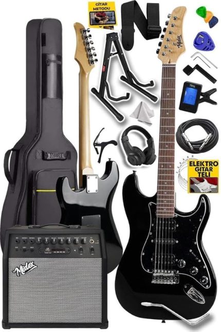RPH-40BK-50AMP Full Black 50W Şarjlı BT Amfili Elektro Gitar Seti HSH Manyetik Maple Klavye