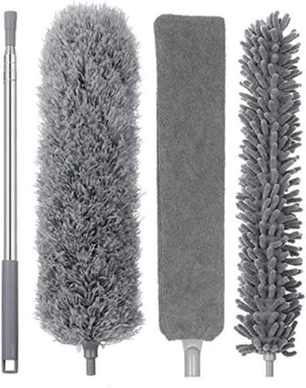 Çok Amaçlı Toz Alma Fırçası Seti, 3 Değiştirilebilir Başlıklı Mikrofiber Temizlik Aparatı, Uzatılabilir Saplı (3 Başlıklı Toz Alıcı)