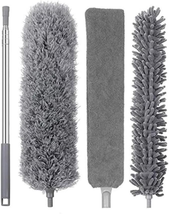 Çok Amaçlı Toz Alma Fırçası Seti, 3 Değiştirilebilir Başlıklı Mikrofiber Temizlik Aparatı, Uzatılabilir Saplı (3 Başlıklı Toz Alıcı)