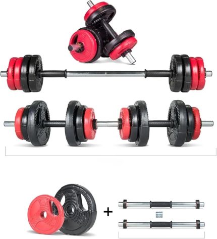 Yıldız Serisi 12 kg Multifonksiyonel Kırmızı Siyah Halter Seti Ve Dambıl Seti