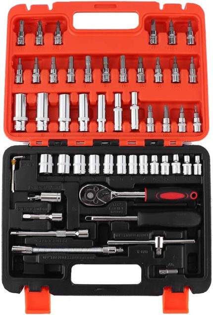 Cırcır Anahtarı 20cm Cırcır Anahtarı Soket Seti için uygun Oto Tamir için Değiştirme, 53 adet 1/4in Soket Seti Cırcır Tork Anahtarı Combo CR ‑ V Oto Araba Tamir Alet Takımı