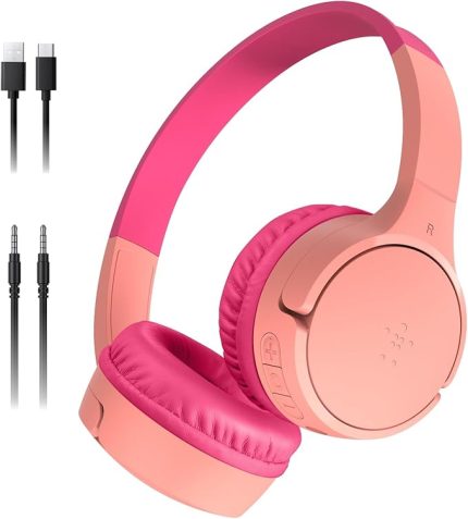 SoundForm mini kablosuz çocuk kulaklığı, entegre mikrofonlu ve eğlenceli çıkartmalı, 30 saat oynatma – ders, tatil, iPhone, iPad, Galaxy için kulak üstü kulaklık, pembe