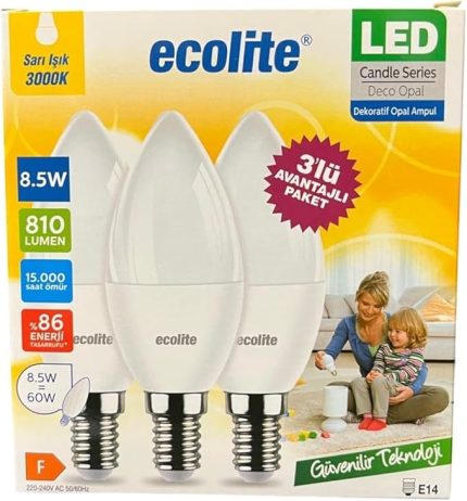 8.5W LED Mum Ampul – E14 Duy, 810 Lümen, 3000K Sarı Işık, 60W Eşdeğer, 3’lü Paket, Opal Dekoratif Ampul, Dimmer Uyumlu Değil,%86 Enerji Tasarrufu, 99x37 mm (Sarı)