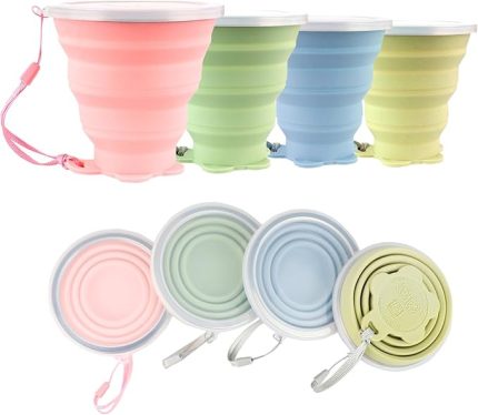Silikon Katlanabilir Kamp Kupası, 4'lü Paket 320ml Katlanabilir Seyahat Kupası, Plastik Sızdırmazlık Kapaklı Katlanır Taşınabilir Bardaklar, Piknik, Kamp, Ofis, Açık Hava Yürüyüşü için Yeniden