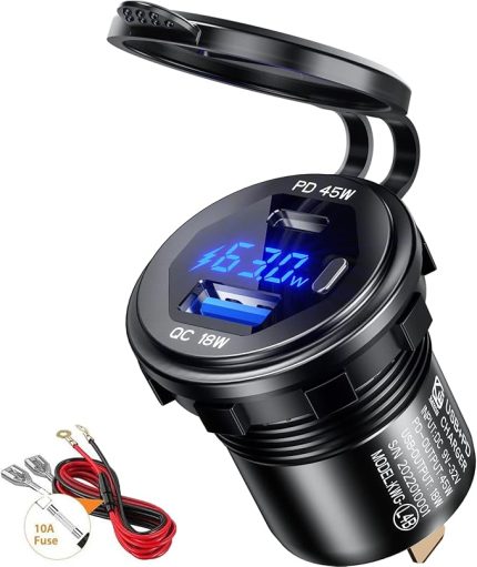 USB C Araç Şarj Soketi 45W PD Tip C ve 18W QC3.0 USB Hızlı Şarj Soketi Güç Su Geçirmez LED Dijital Voltmetre ve Anahtarlı 12 V/24 V Deniz Teknesi Motosiklet Kamyon için