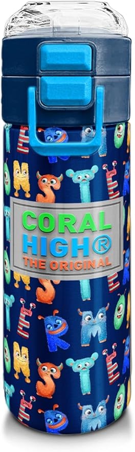 High Erkek Çocuk İçin 500 ml'lik Paslanmaz Çelik Termos/Suluk - Lacivert Neon Sarı Desenli