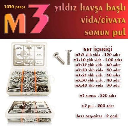 Parça M3 Yıldız Havşa Başlı Vida Civata Somun Pul Seti