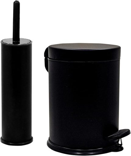 Serisi Ayak Basmalı Özellikli 2'li Banyo Seti 3 Litre Çöp Kovası ve Kolozet Fırçası Paslanmaz Siyah