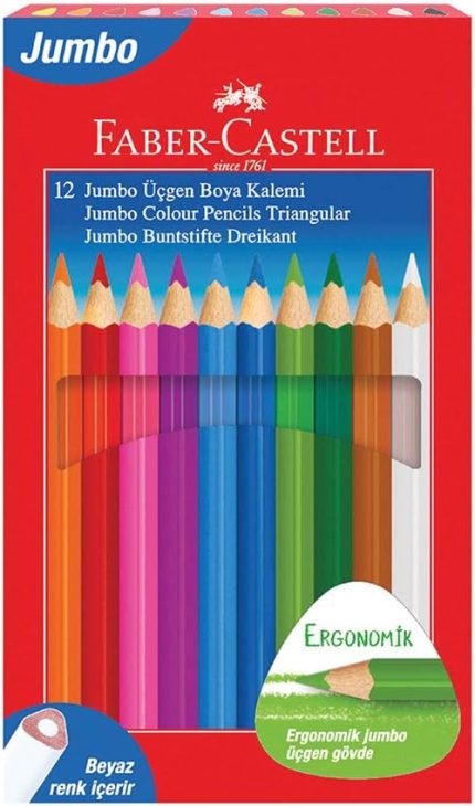 Jumbo Üçgen Boya Kalemi, 12 Renk, Ergonomik Gövde, Beyaz Renk İçerir, Kalın Uçlu, Canlı ve Örtücü Renkler
