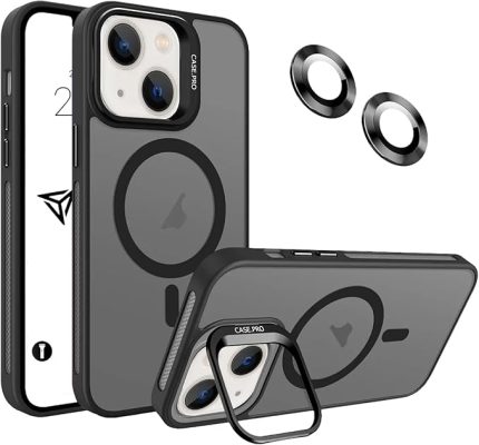 iPhone için Kılıf Kamera Korumalı Magsafe Wireless Şarj Özellikli Mat Şeffaf Renkli Standlı Kılıf (Lens Hediyeli) (Siyah, iPhone 13)