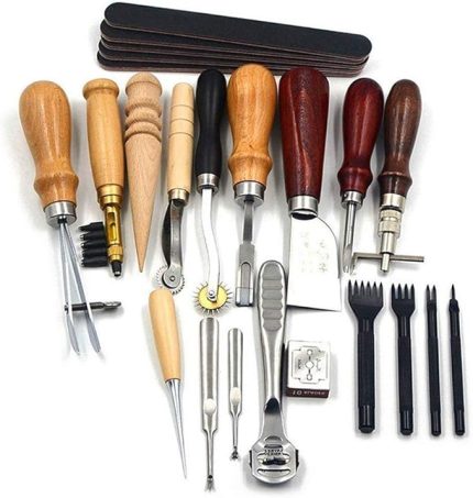 Dikiş El Sanatları ve Deri Aletler Seti El Dikiş Dikiş, Damgalama Seti ve Eyer Yapımı için 18 Adet Deri El Sanatları DIY Aracı, Dikiş Oyma Çalışması