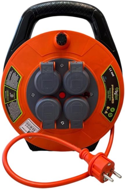 Kablo Makarası – 10 Metre, 4 Prizli, IP44 Kapaklı, 230V 16A, 1000W – Taşınabilir Çanta Tipi Uzatma Kablosu (3x1.5mm² CCA) 10315-F Bylion