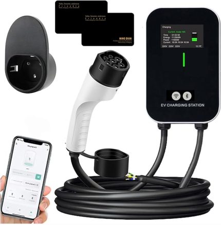 5 Metre Tip 2 EV Şarj Cihazı, APP Kontrollü LCD Ekranlı Ev Akıllı Elektrikli Şarj İstasyonu, 2 RFID Kartlı Su Geçirmez Duvar Şarj Cihazı (11KW 16A Üç Faz)